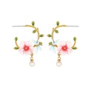 Pink Flower And Dragonfly Pearl C Shape Enamel Hoop Earrings