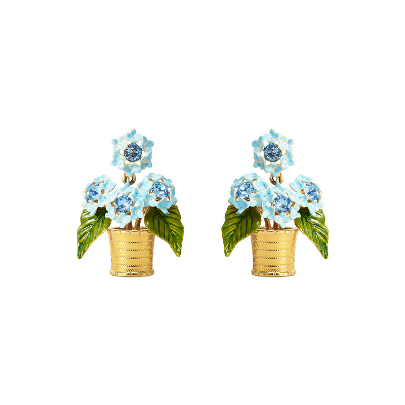 Blue Flower And Crystal Enamel Stud Earring Jewelry Gift