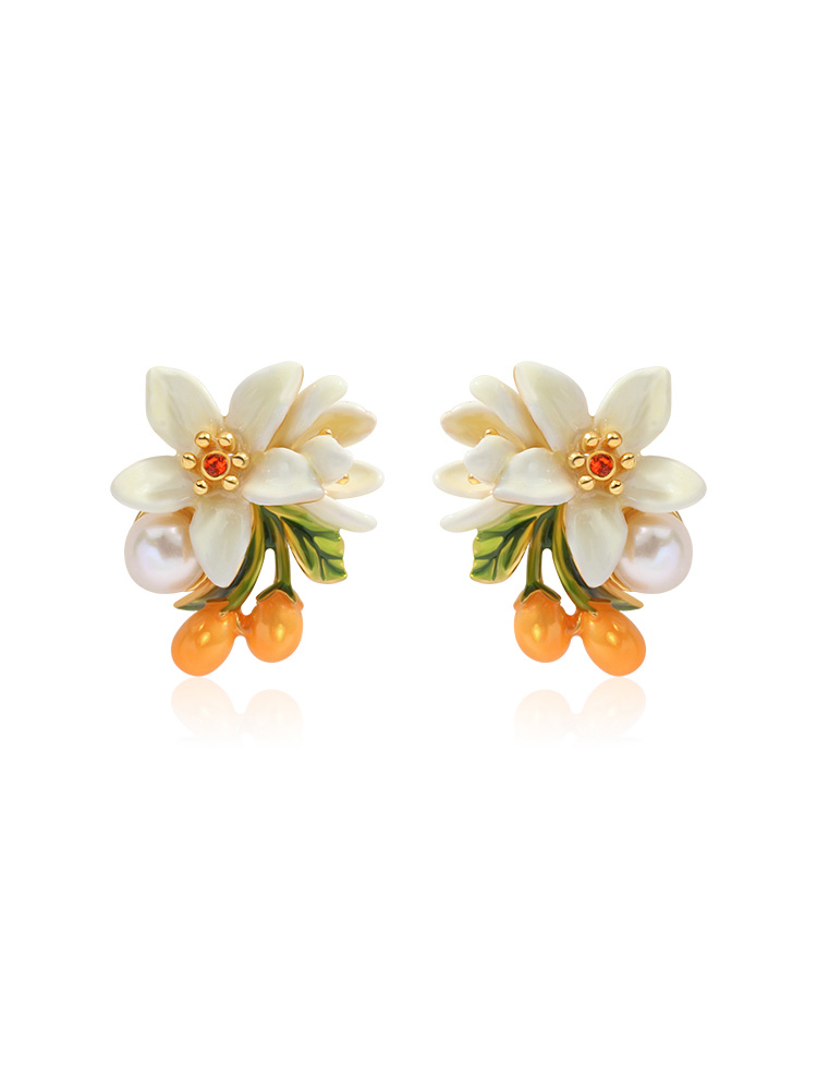 Orange Blossom Flower Kumquat Pearl Enamel Stud Earrings Jewelry Gift