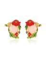 Pink Red Flower And Stone Crystal Enamel Stud Earrings