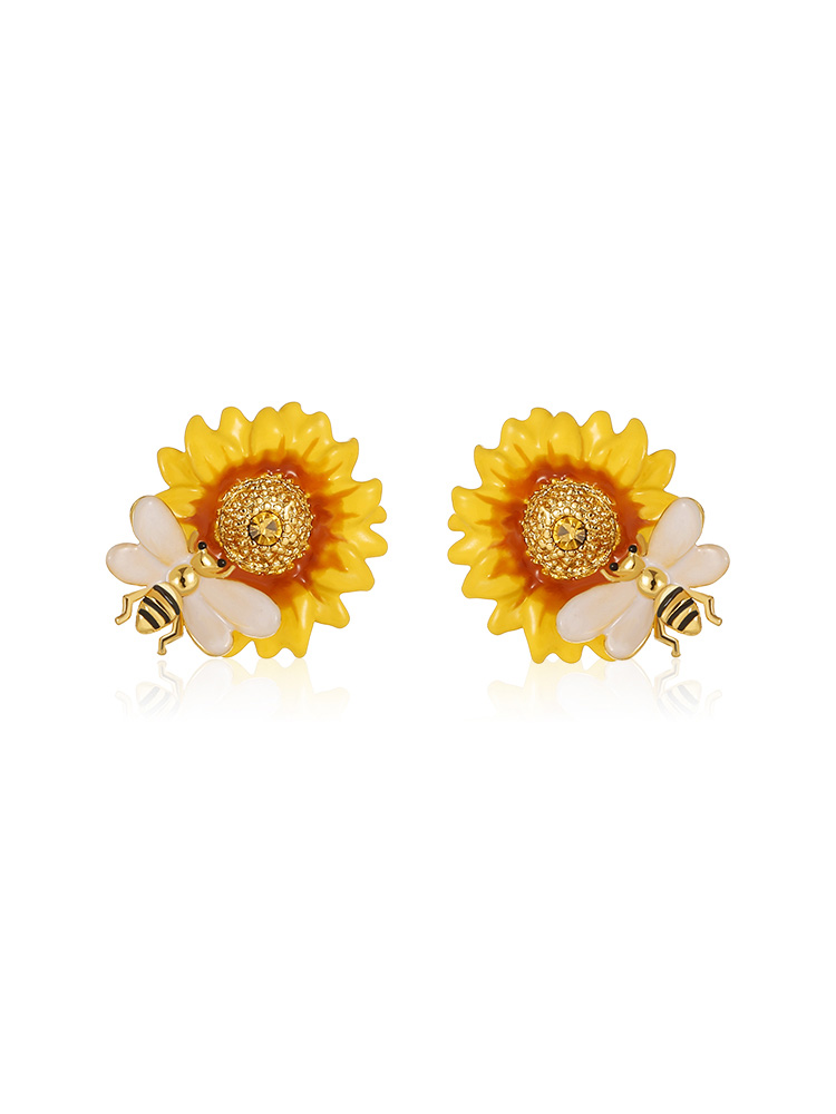 Yellow Sunflower And Bee Enamel Stud Earrings Jewelry Gift