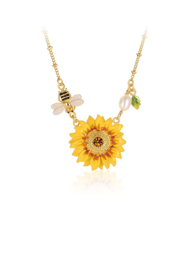 Yellow Sunflower And Bee Pearl Enamel Pendant Necklace Jewelry Gift