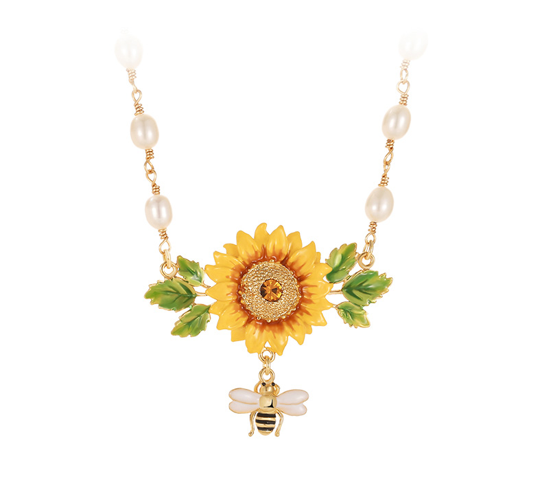 Yellow Sunflower And Bee Pearl Enamel Pendant Necklace Jewelry Gift