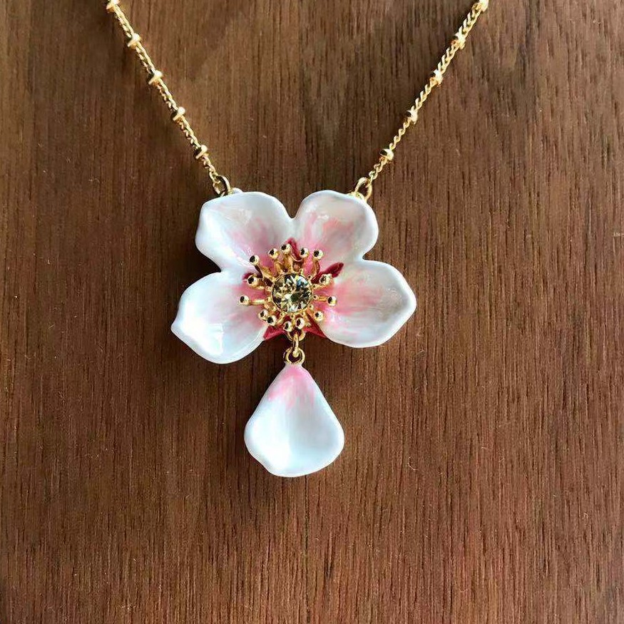 White Pink Cherry Blossom Flower Petal Enamel Pendant Necklace