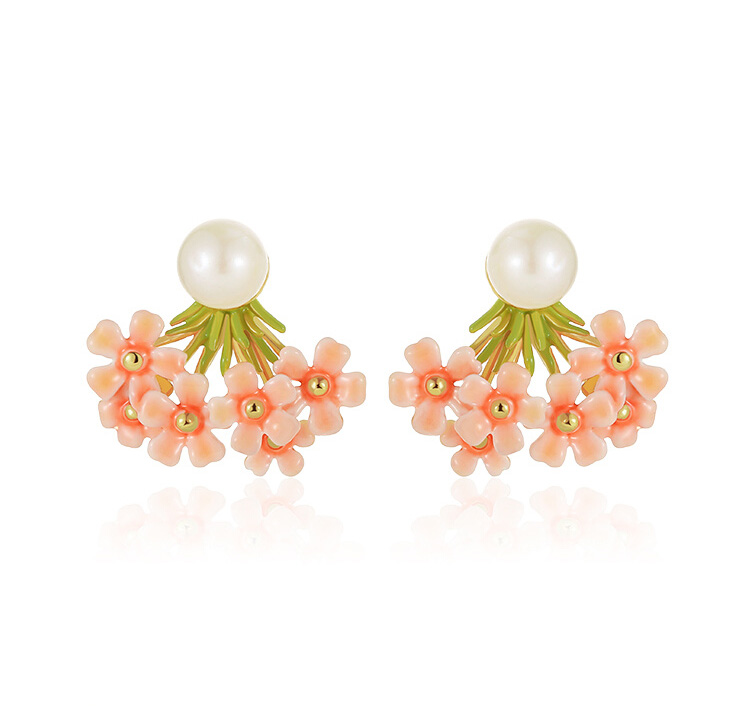 Cherry Blossom Flower And Pearl Enamel Stud Earrings Jewelry Gift