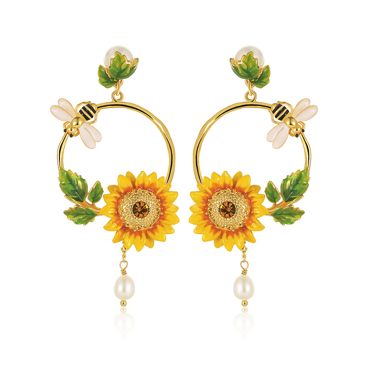 Sunflower Bee And Crystal Pearl Enamel Dangle Earrings Jewelry Gift
