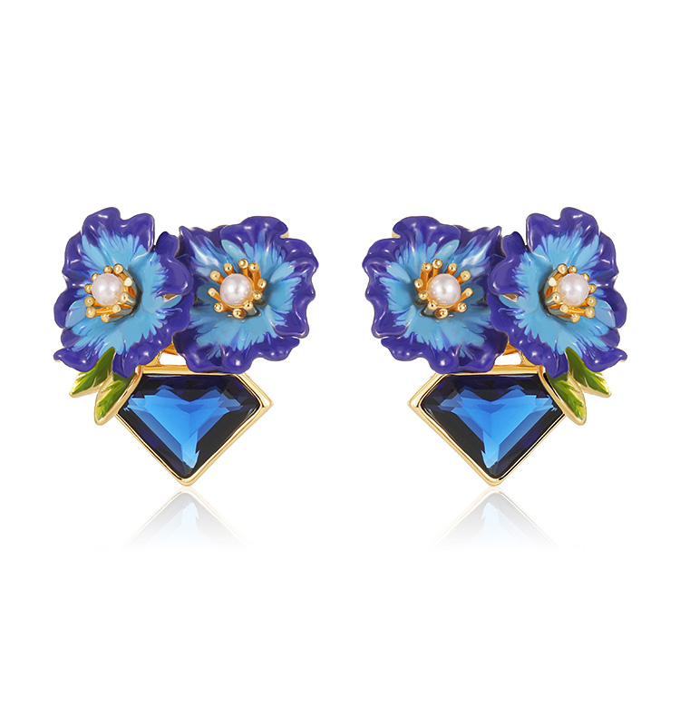 Blue Flower And Stone Enamel Stud Earrings