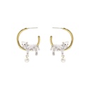 White Cat Kitty Kitten With Pearl Enamel C Shape Earrings