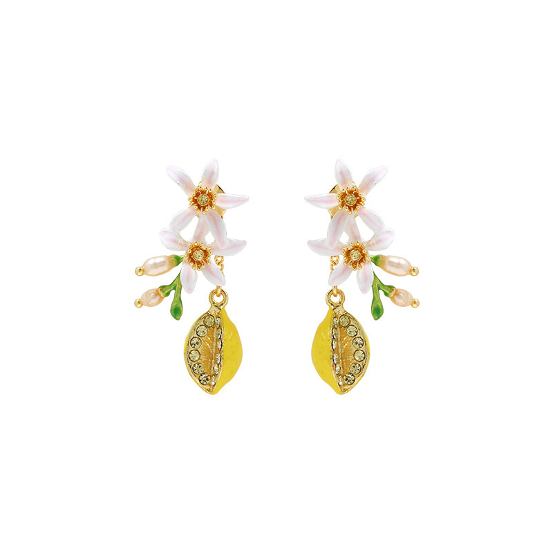 Flower Blossom And Lemon Enamel Dangle Earrings