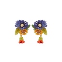 Blue Orange Flower With Crystal Enamel Dangle Earrings