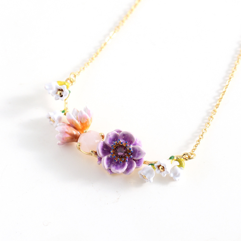 Purple Lotus Flower Branch And Stone Enamel Pendant Necklace