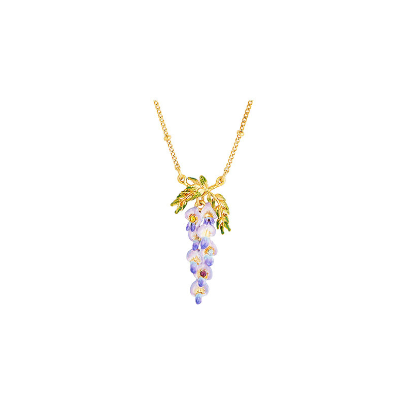 Purple Flower Blosssom Wisteria Enamel Pendant Necklace