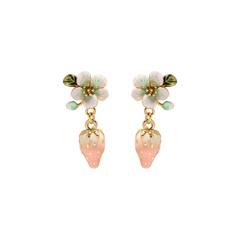 Light Pink Blue Strawberry Flower Enamel Dangle Earrings