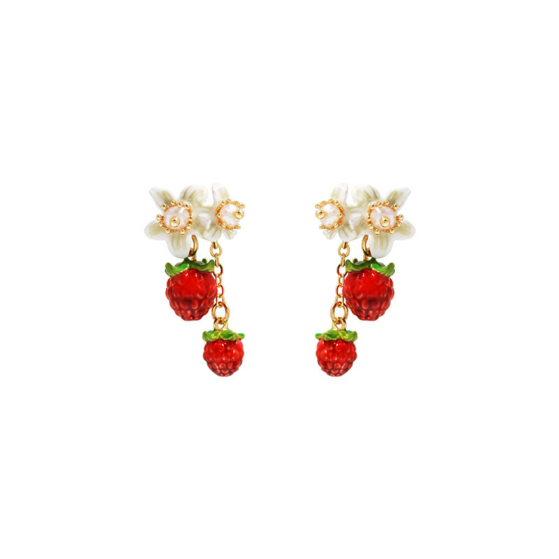 White Flower And Red Berry Enamel Dangle Earrings