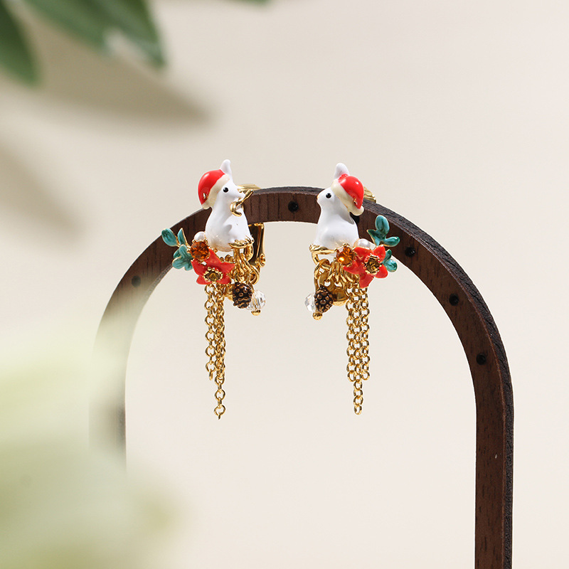 Cute Bunny Rabbit And Flower Tassel Enamel Stud Earrings