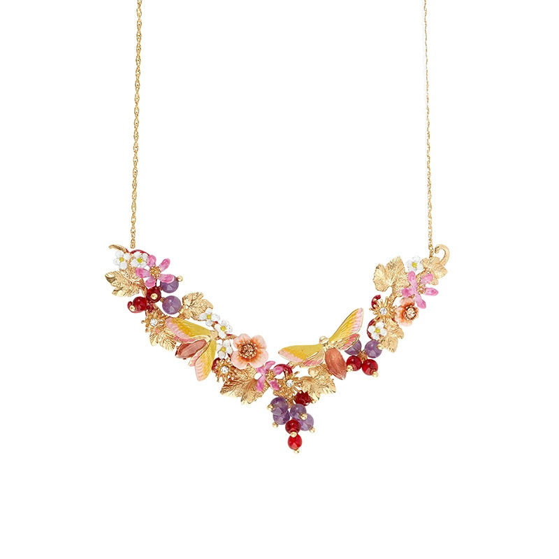 Flower Branch And Crystal Enamel Pendant Necklace