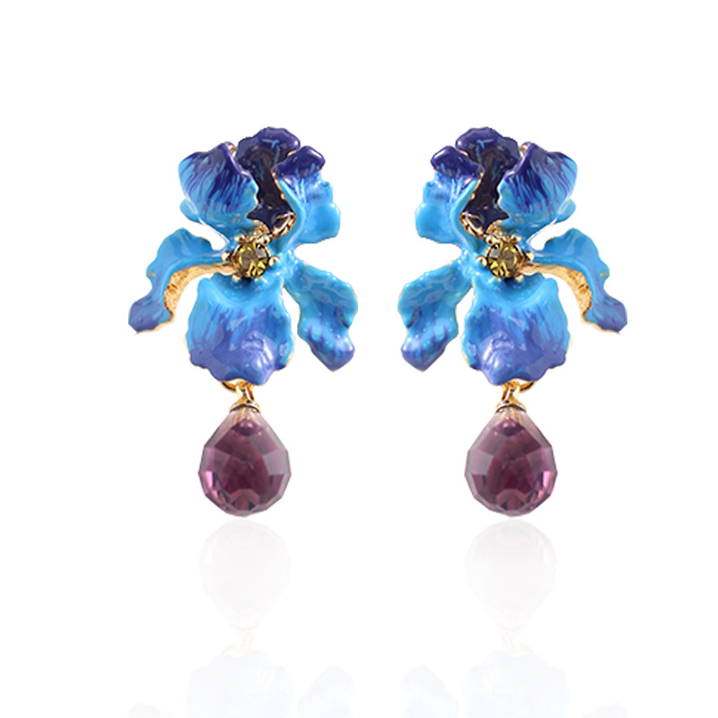 Blue Flower de Luce Irises And Stone Enamel Dangle Earrings