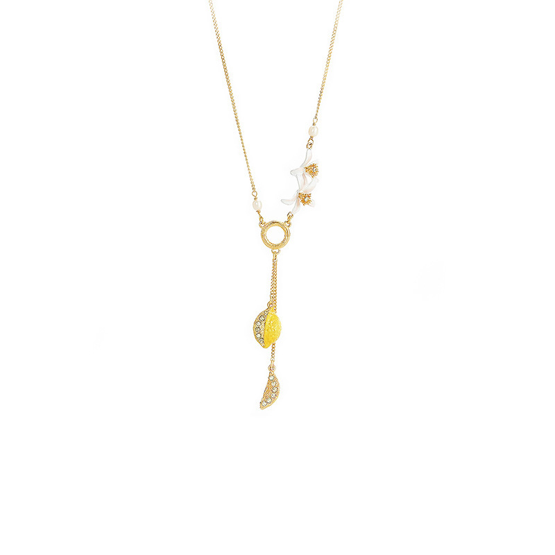 Lemon Flower And Pearl Enamel Pendant Necklace Gift