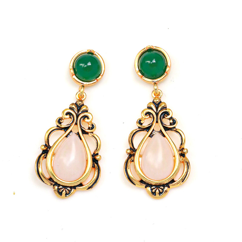 Inlaid Stone Retro Vintage Drop Shape Dangle Earrings