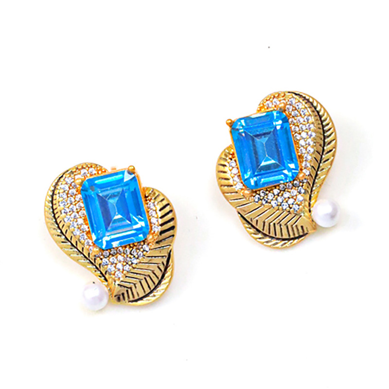 Inlaid Zircon Pearl Stone Retro Vintage Stud Earrings