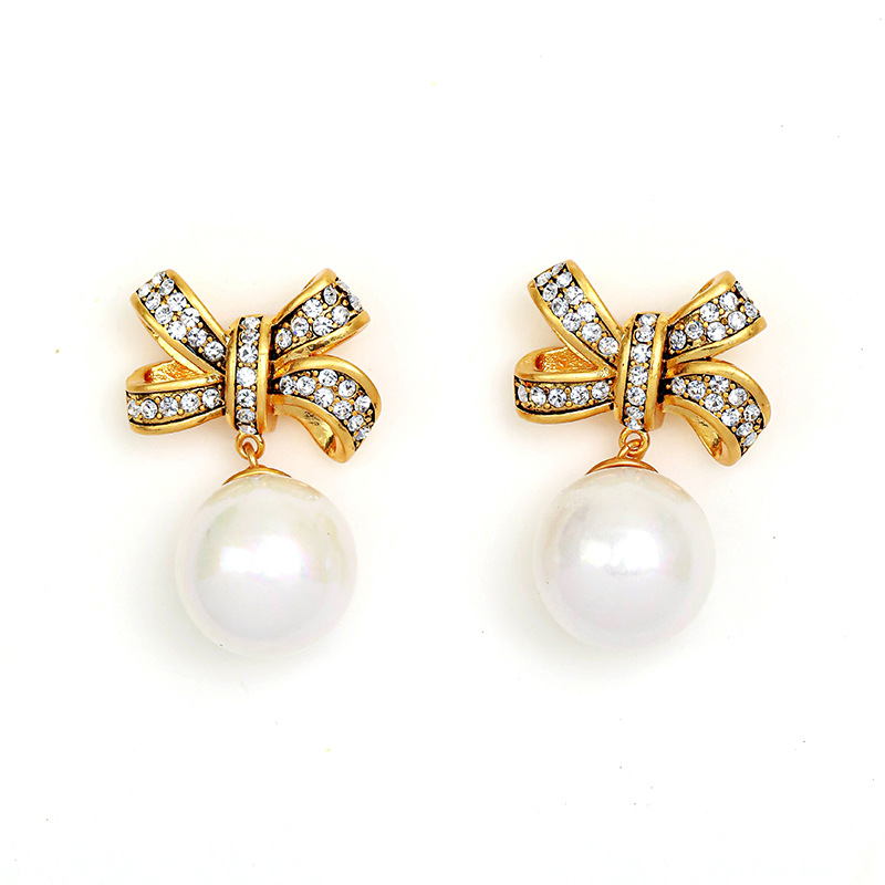 Inlaid Zircon Bow And Pearl Retro Vintage Dangle Earrings