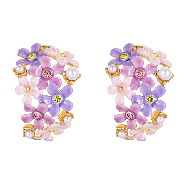 Lavender Purple Pink Flower And Crystal Pearl C Shape Enamel Stud Earrings Jewelry Gift