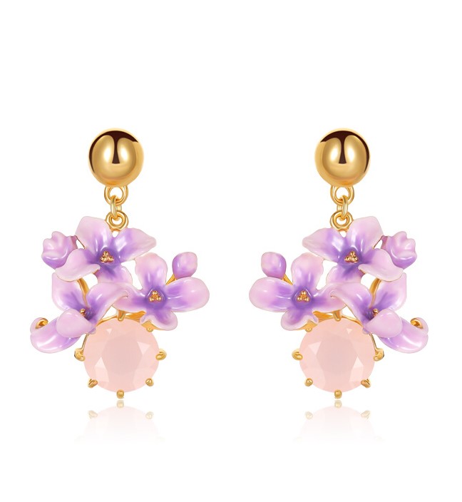 Purple Flower And Gem Enamel Dangle Earrings Handmade Jewelry Gift