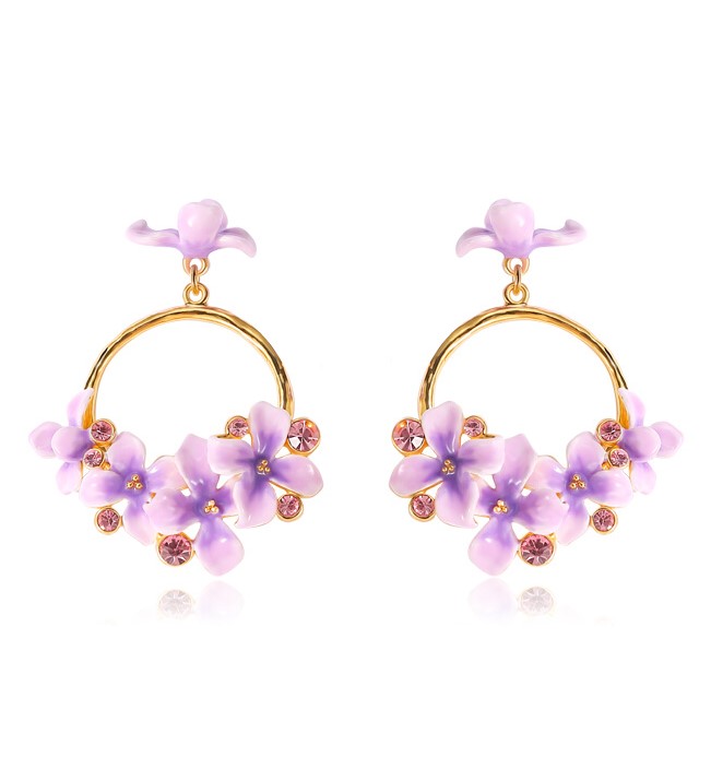 Purple Flower And Gem Enamel Hoop Dangle Earrings Handmade Jewelry Gift