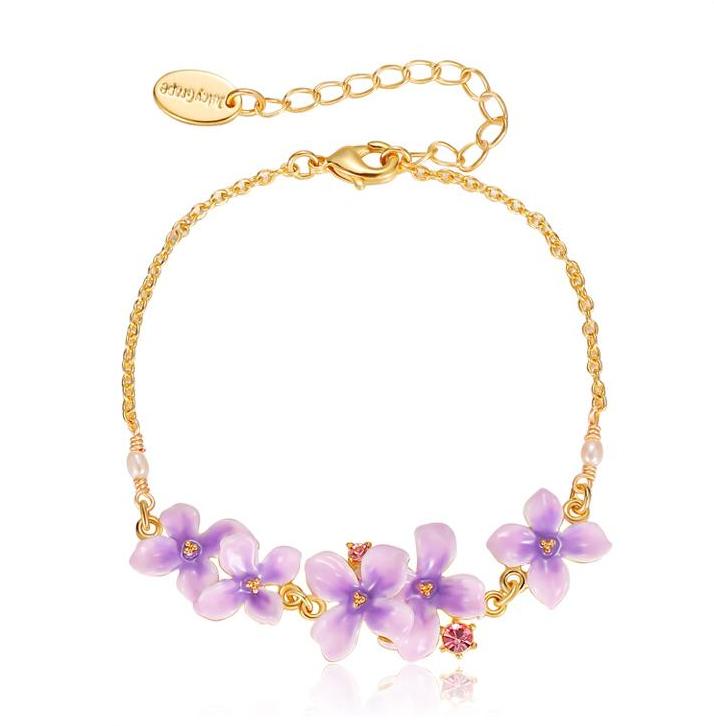 Purple Flower And Gem Enamel Thin Bracelet Handmade Jewelry Gift