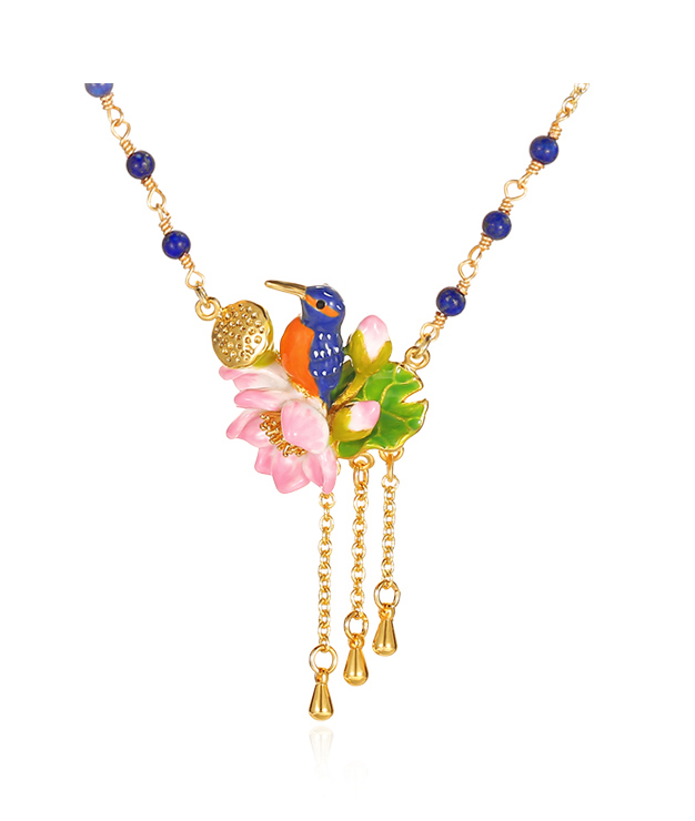 Kingfisher Bird And Lotus Enamel Pendant Necklace Handmade Jewelry Gift