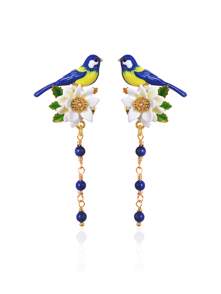 Bird And Flower Enamel Tassel Stud Earrings Handmade Jewelry Gift