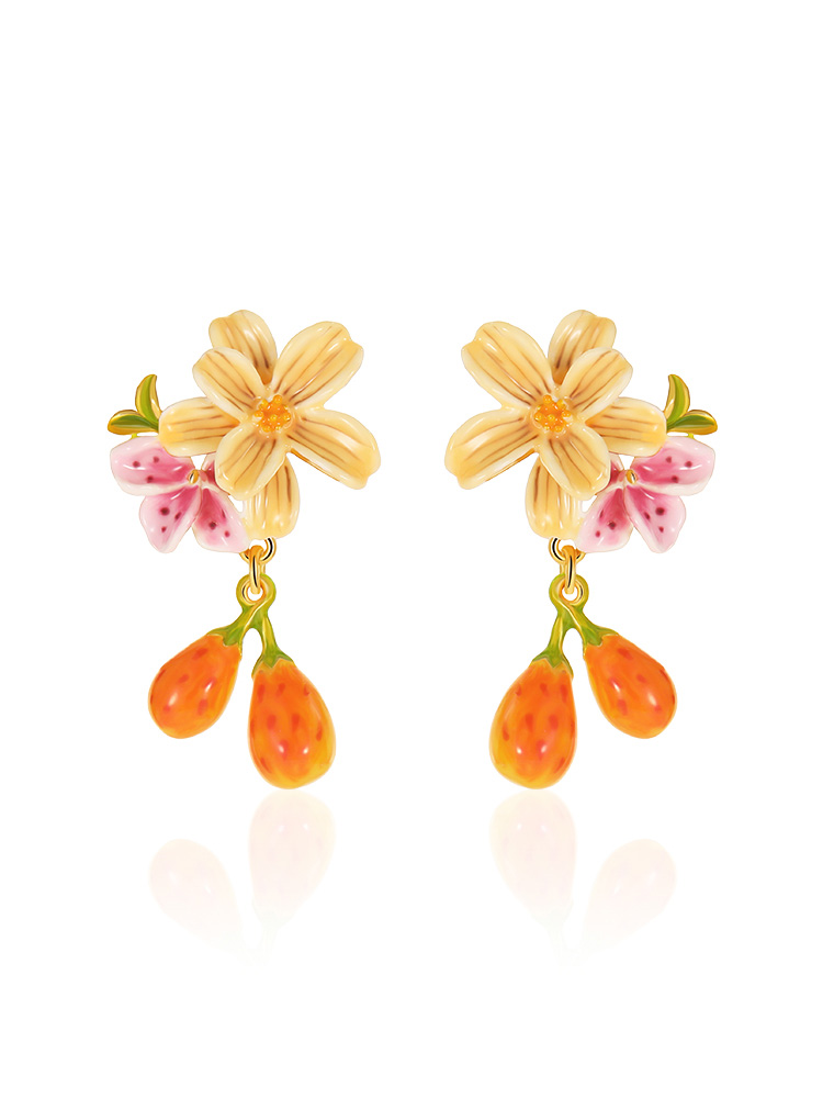Pear Fruit  Flower Enamel Dangle Earrings Handmade Jewelry Gift