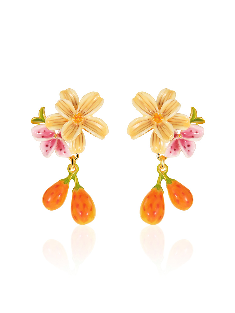 Pear Fruit  Flower Enamel Dangle Earrings Handmade Jewelry Gift
