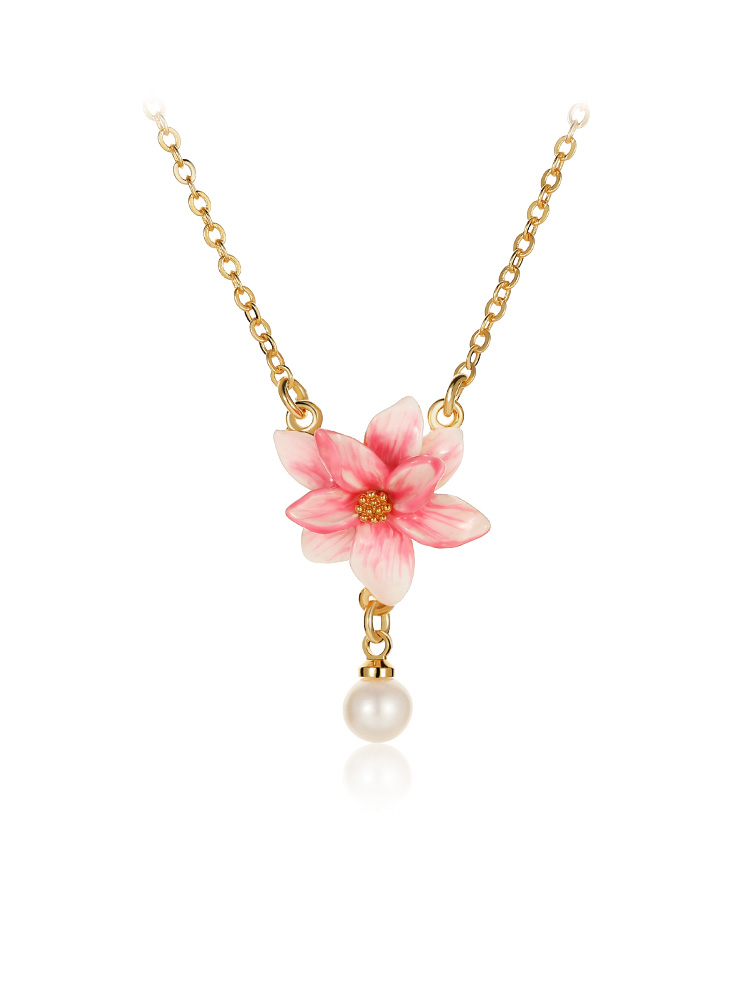 Magnolia Pink Flower And Pearl Enamel Pendant Necklace Handmade Jewelry Gift