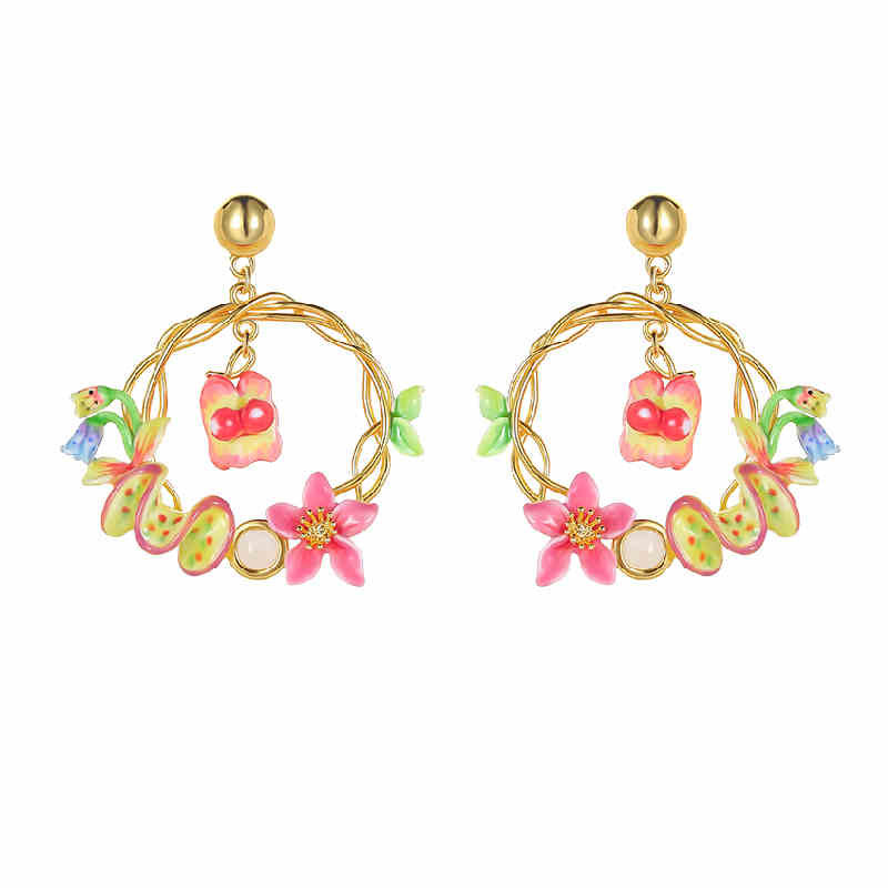 Flower Blossom Branch Enamel Hoop Dangle Stud Earrings