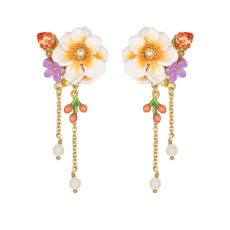 Jasmine Purple Flower Enamel Tassel Dangle Stud Earrings