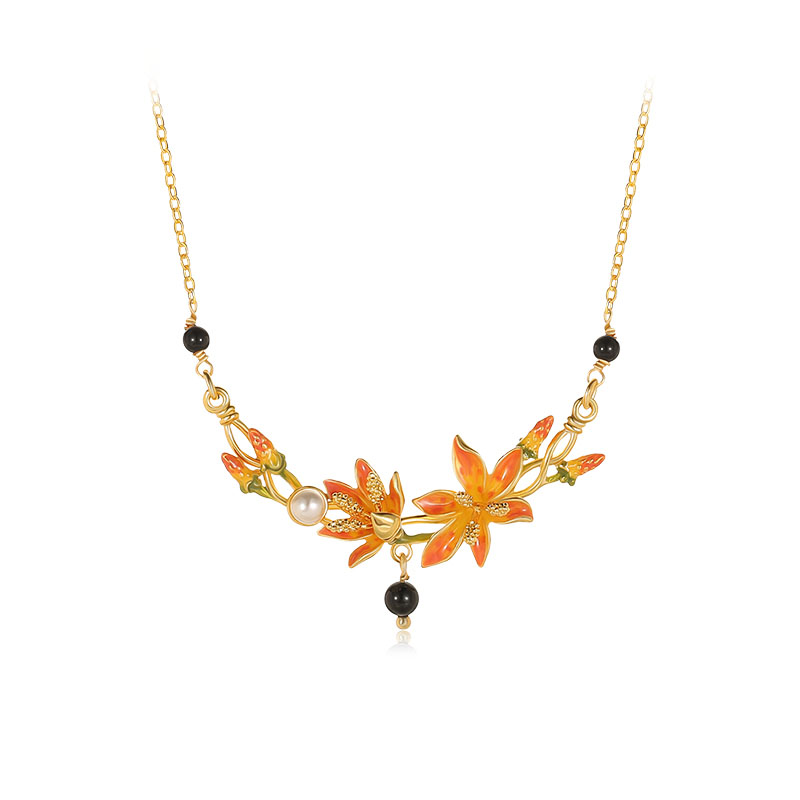 Orange Blossom Flower Branch And Black Agate Enamel Pendant Necklace