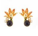 Orange Blossom Flower With Pearl Black Agate Enamel Stud Earrings