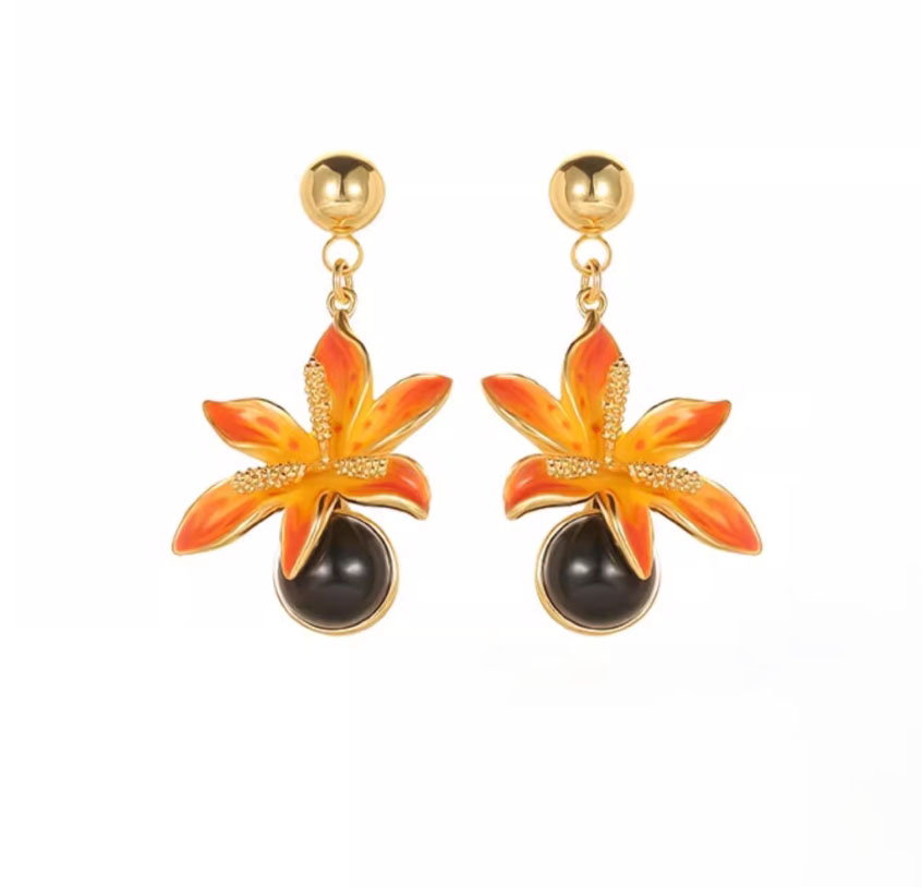 Orange Blossom Flower With Black Agate Enamel Stud Dangle Earrings