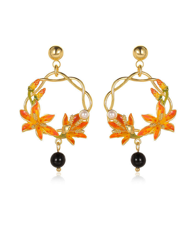 Orange Blossom Flower With Black Agate Enamel Stud Hoop Dangle Earrings