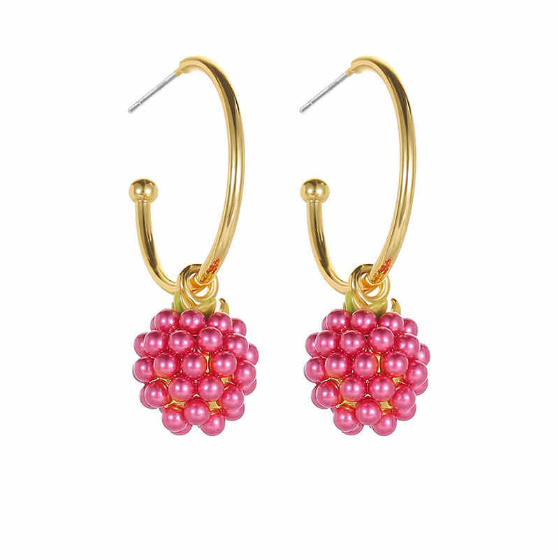 Raspberry Enamel C Shape Stud Hoop Dangle Earrings