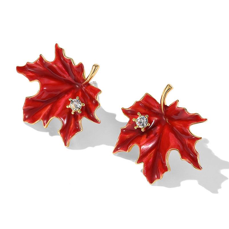 Maple Leaf With Zircon Enamel Stud Earrings