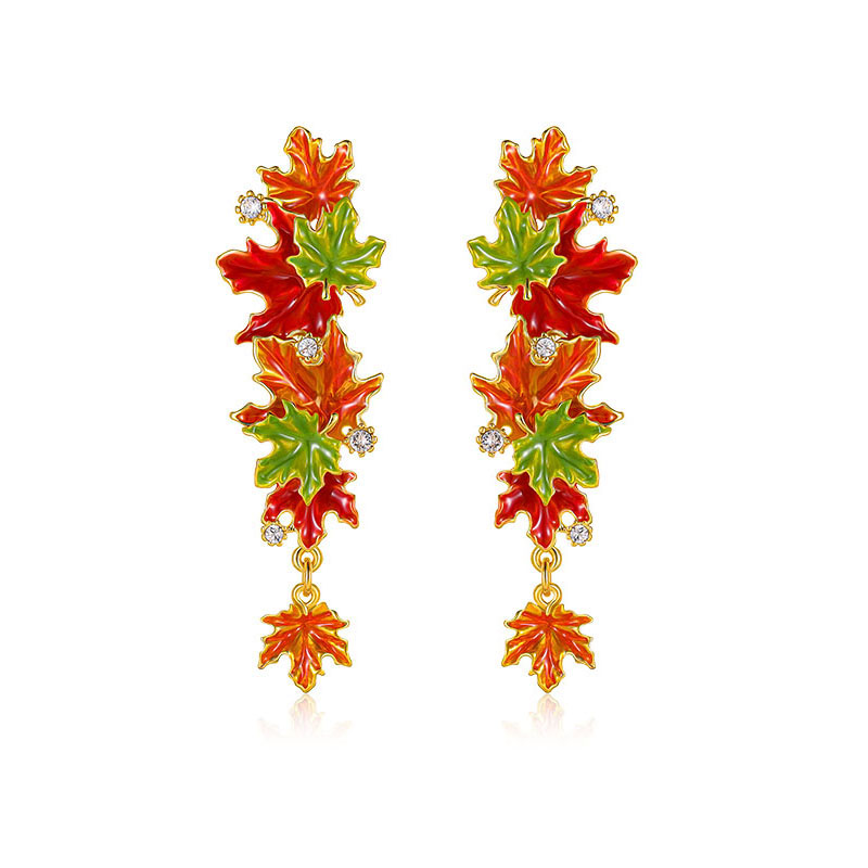 Maple Leaf And Zircon Enamel Dangle Stud EarringsAdjustable Ring