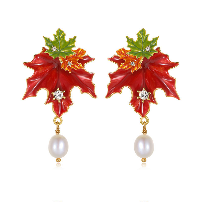 Maple Leaf With Zircon Pearl Enamel Dangle Stud Earrings