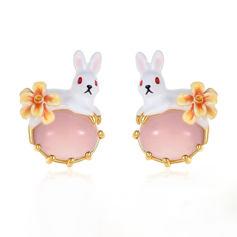 Cute Rabbit Bunny With Stone Flower Enamel Stud Earrings