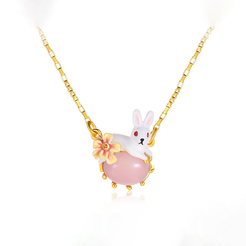 Cute Rabbit Bunny With Stone Flower Enamel Pendant Necklace