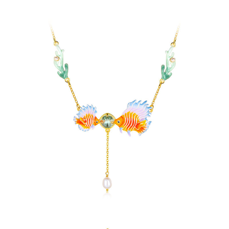 Fish Coral Zircon And Pearl Enamel Pendant Necklace