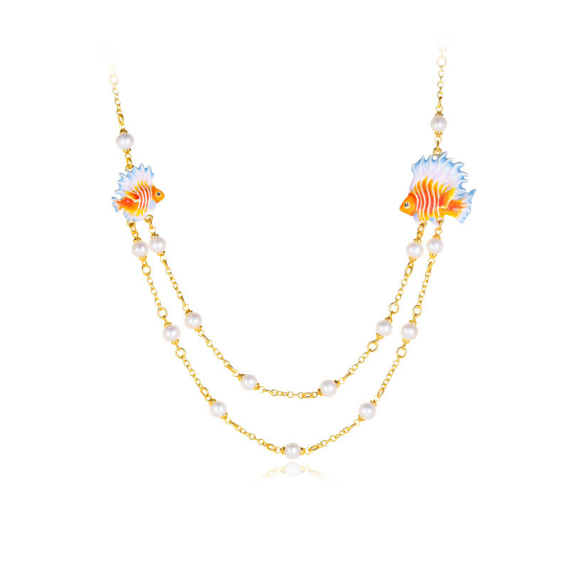 Fish And Pearl Enamel Strand Chain Necklace