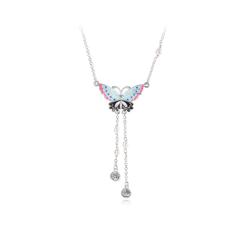 Butterfly And Zircon Enamel Pendant Tassel Necklace