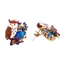 Enamel Glazed Purple Owl Series Asymmetric Lake Blue Crystal Stud Clip Gold Plated Earrings